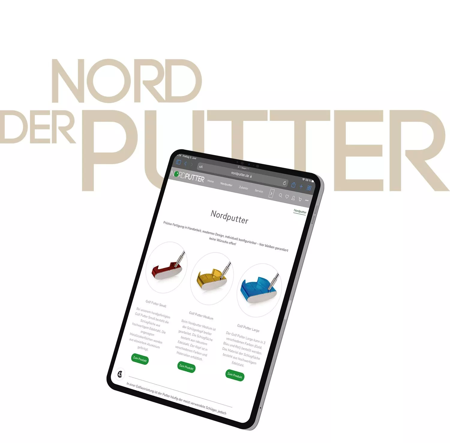 Golfprodukte neuer Onlineshop - Tablet mit neuer Startseite und dem Schriftzug "Der NordPutter"