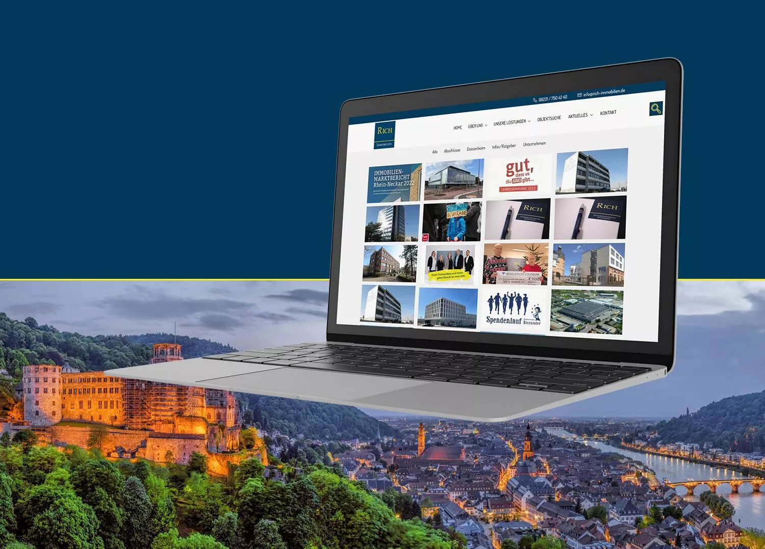 Immobilienmarkler neue Webseite - Laptop mit neuer Webseite auf einem Laptop, im Hintergrund das Heidelberger Schloss