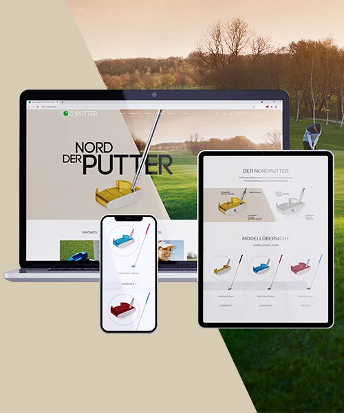 Kommunikationsagentur Referenz Nordputter - Onlineshop für Golfputter auf verschiedenen mobilen Geräten und einem Laptop
