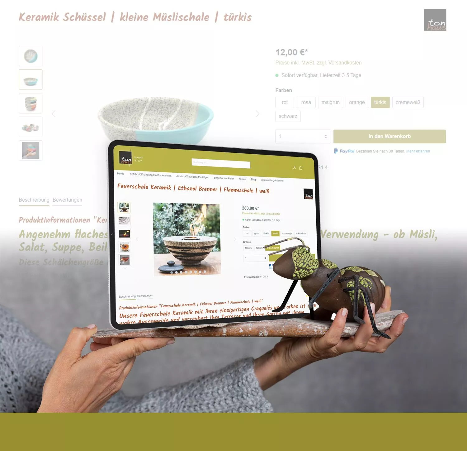 Onlineshop Relaunch Kunsthandwerk - Tablet mit neuem Shop auf einem getöpferten Kunstgegenstand