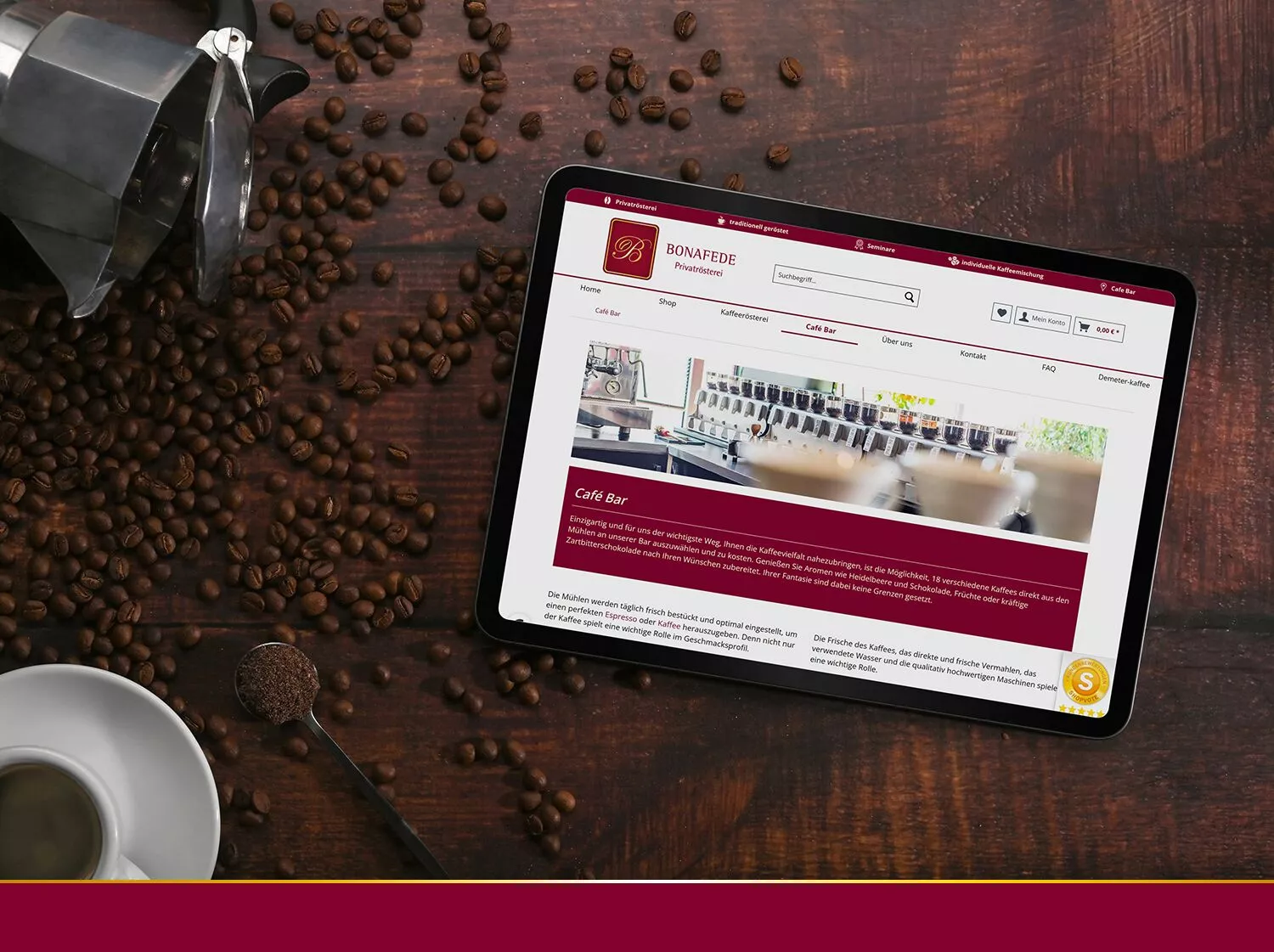 Privatrösterei Onlineshop - Tablet mit Onlineshop-Seite einer Kaffee-Privatrösterei