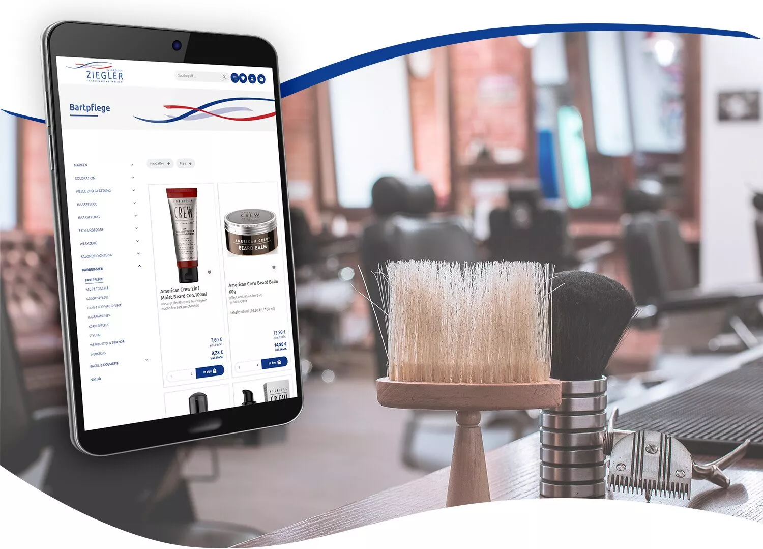 Webseite erstellen lassen Bartpflege - Tablet mit Onlineshop für Friseurbedarf, im Hintergrund ein Barber-Shop