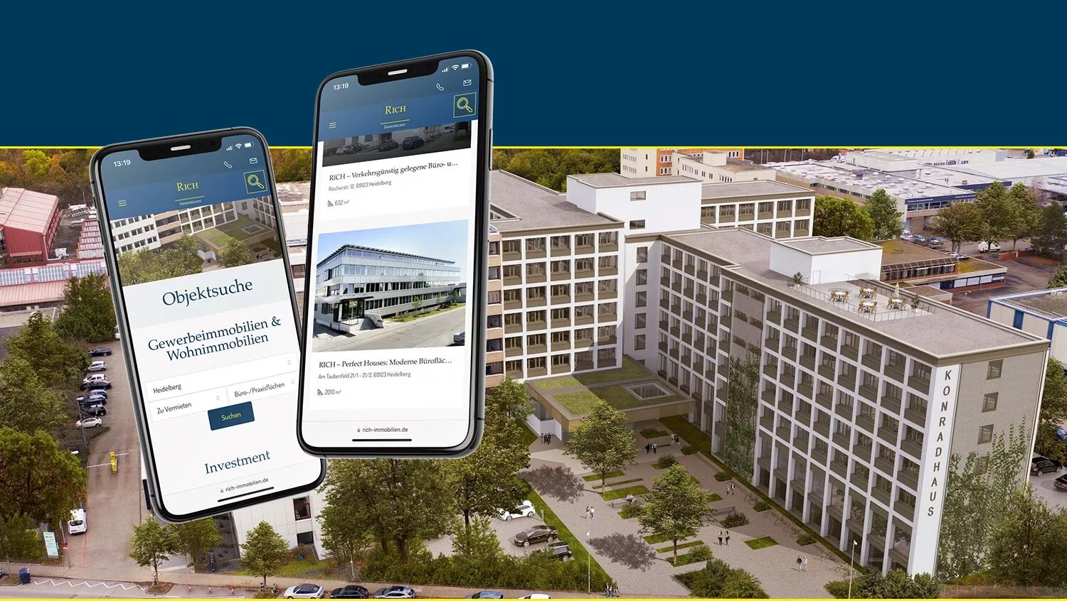 Website Relaunch Immobilien - Mobilansicht der Website im Hintergrund ein Bürogebäude