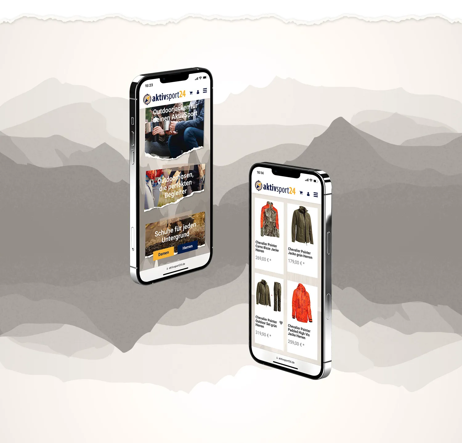 Aktivsport24 - Mobile Ansichten vom Onlineshop auf zwei Smartphones