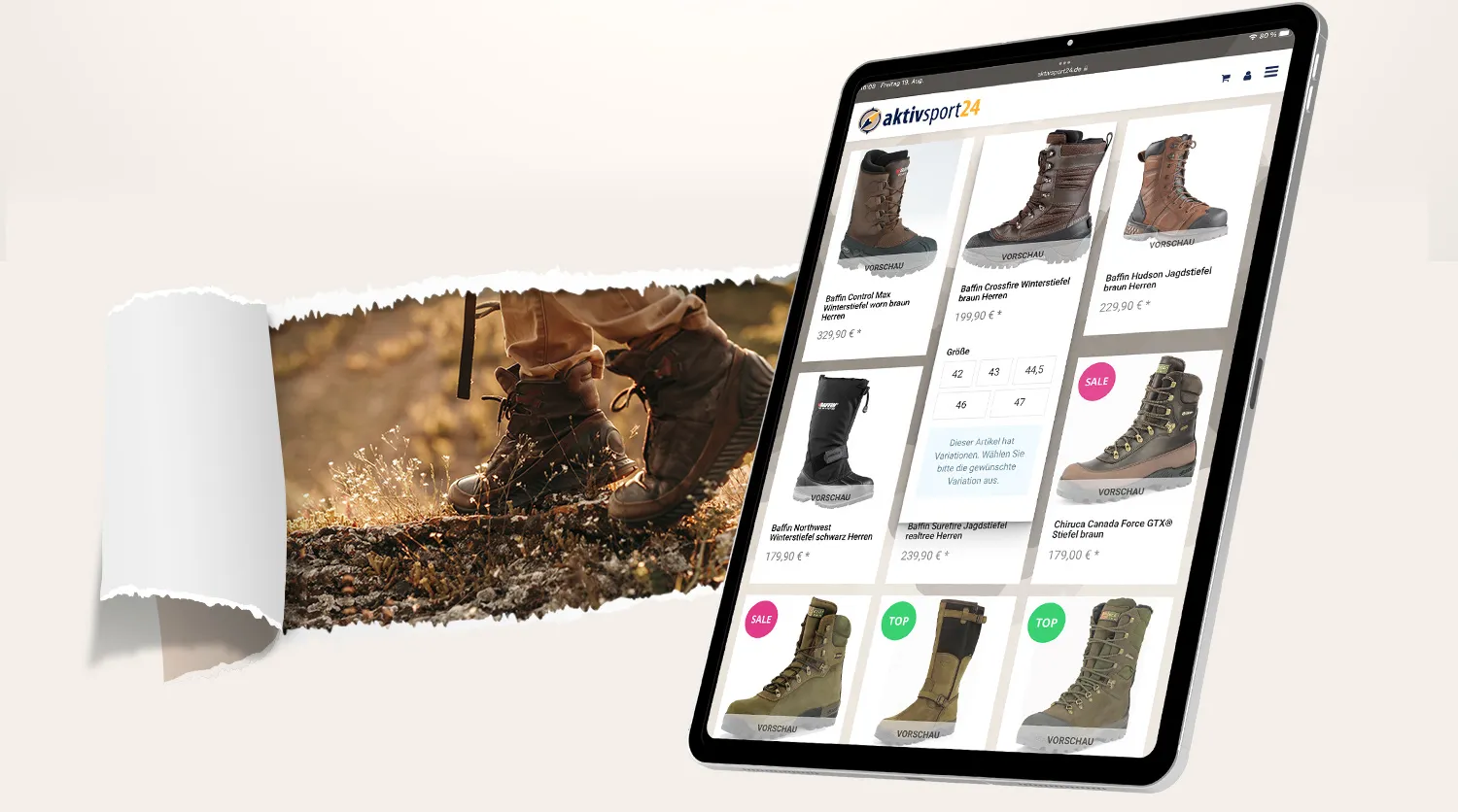 Aktivsport24 Tablett - Produktübersicht von Outdoor-Onlineshop Produktliste mit Schuhen auf dem Tablet