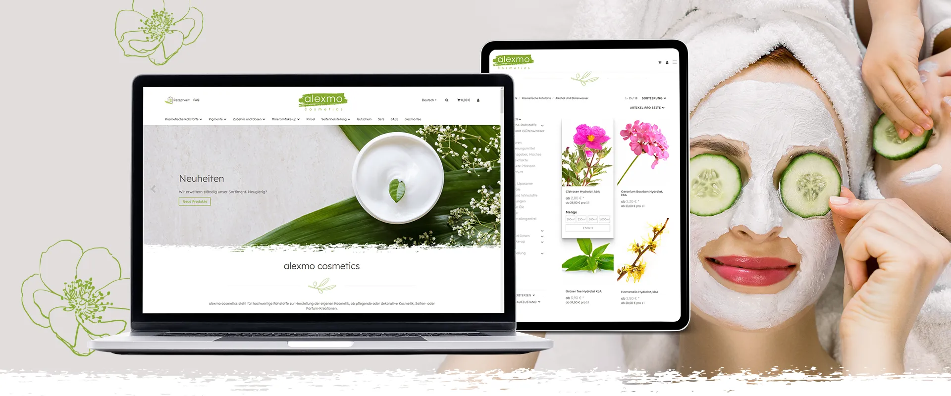 Individualprogrammierung Website Kosmetikprodukte - Neuer Shop in Desktop- und Tablet-Ansicht