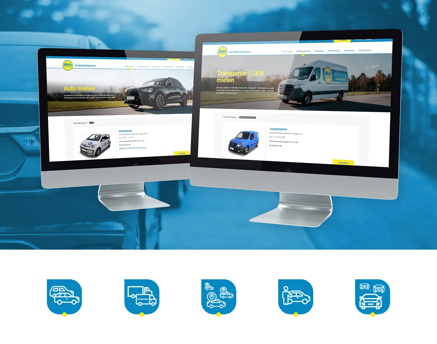 Auto und Transporter mieten - Zwei Monitore mit der Muhr Autoverleih Webseite zum Auto oder Transporter mieten