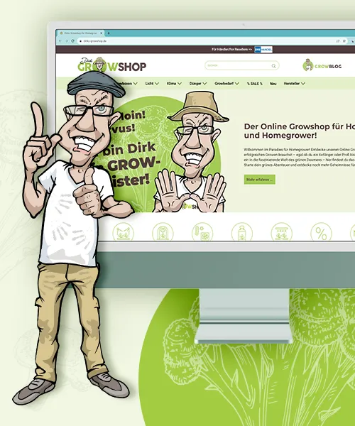 Dirks Growshop Pflanzsets Gärtnerzubehör - Online Shop auf Desktop, daneben eine Avatar Illustration