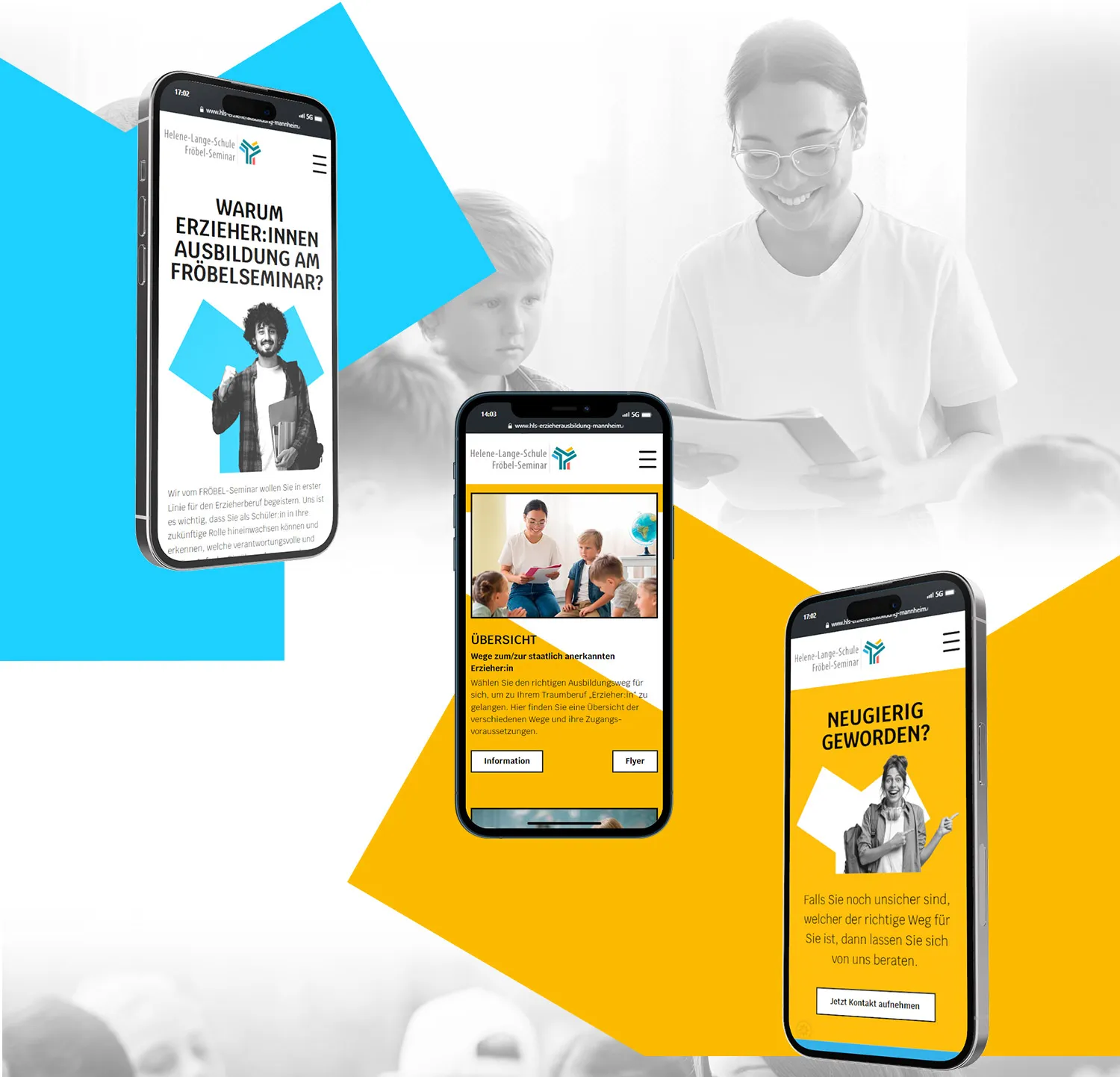 Erzieher werden Fröbel-Seminar der Helene Lange Schule - drei Handys mit Screenshots der Webseite