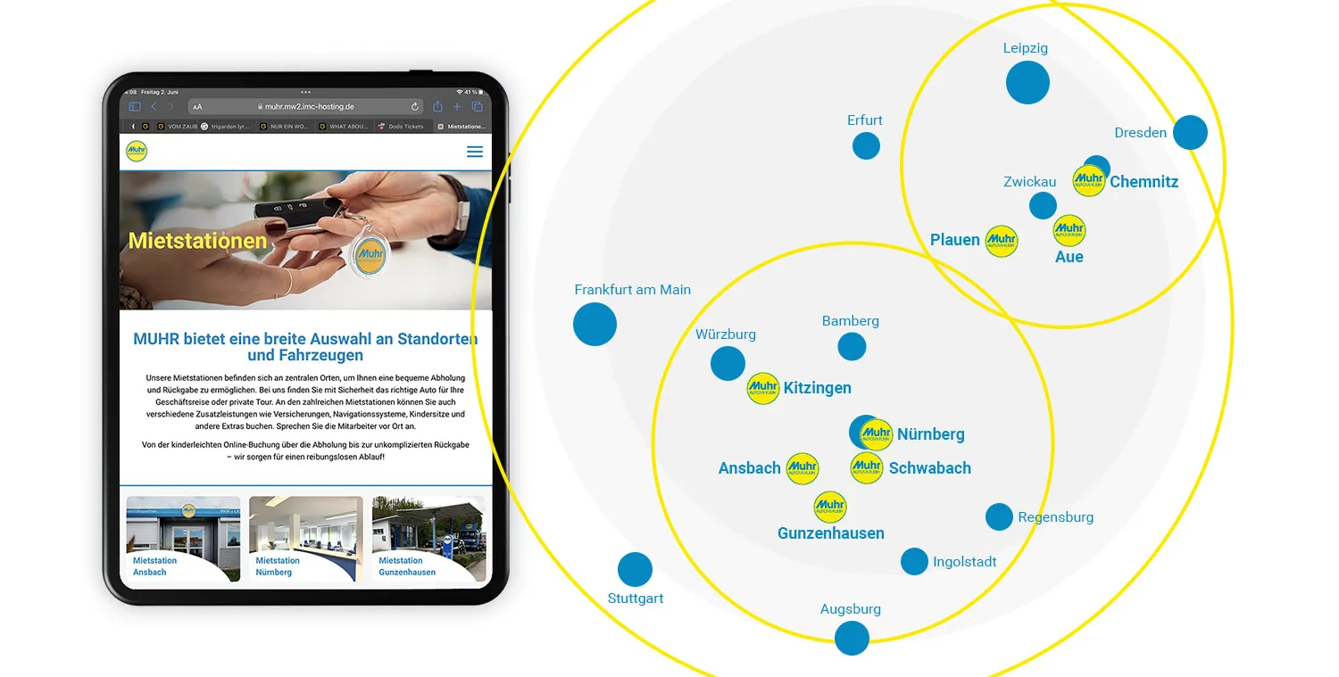 Karte Mietstationen Muhr Autoverleih - Ein Tablet, welches die Webseite von Autoverleih Muhr zeigt, daneben eine grafisch aufbereitete Karte mit den Standorten von Autoverleih Muhr