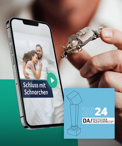 Leadgenerierung Protrusionsschiene – Hand hält Schnarcherschiene hoch, daneben ein Smartphone mit einem Reel
