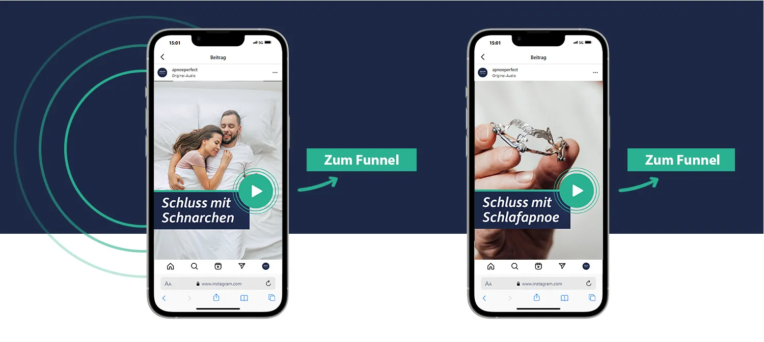 Leadgenerierung Social Media Advertising – Zwei Smartphones auf Instagram mit Thumbnail der Funnels zur Kundengewinnung
