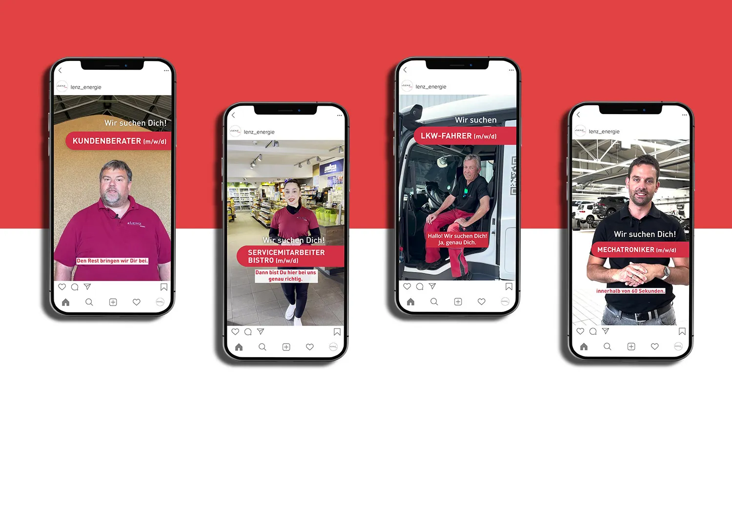 Lenz Recruiting Kampagne Instagram - Verschiedene Social Media Stellenanzeigen Reels der Firma Lenz Energie auf vier Smartphones