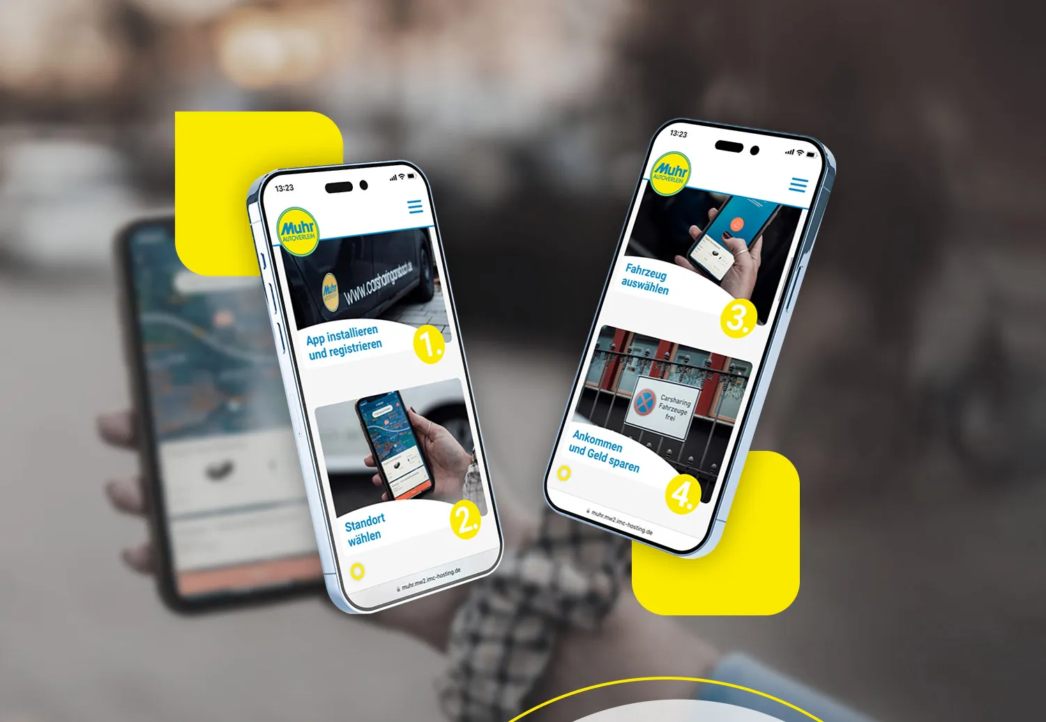 Muhr Autoverleih Carsharing - Zwei Smartphones mit der mobilen Webseite von Muhr Autoverleih, die zeigt, wie das Carsharing funktioniert