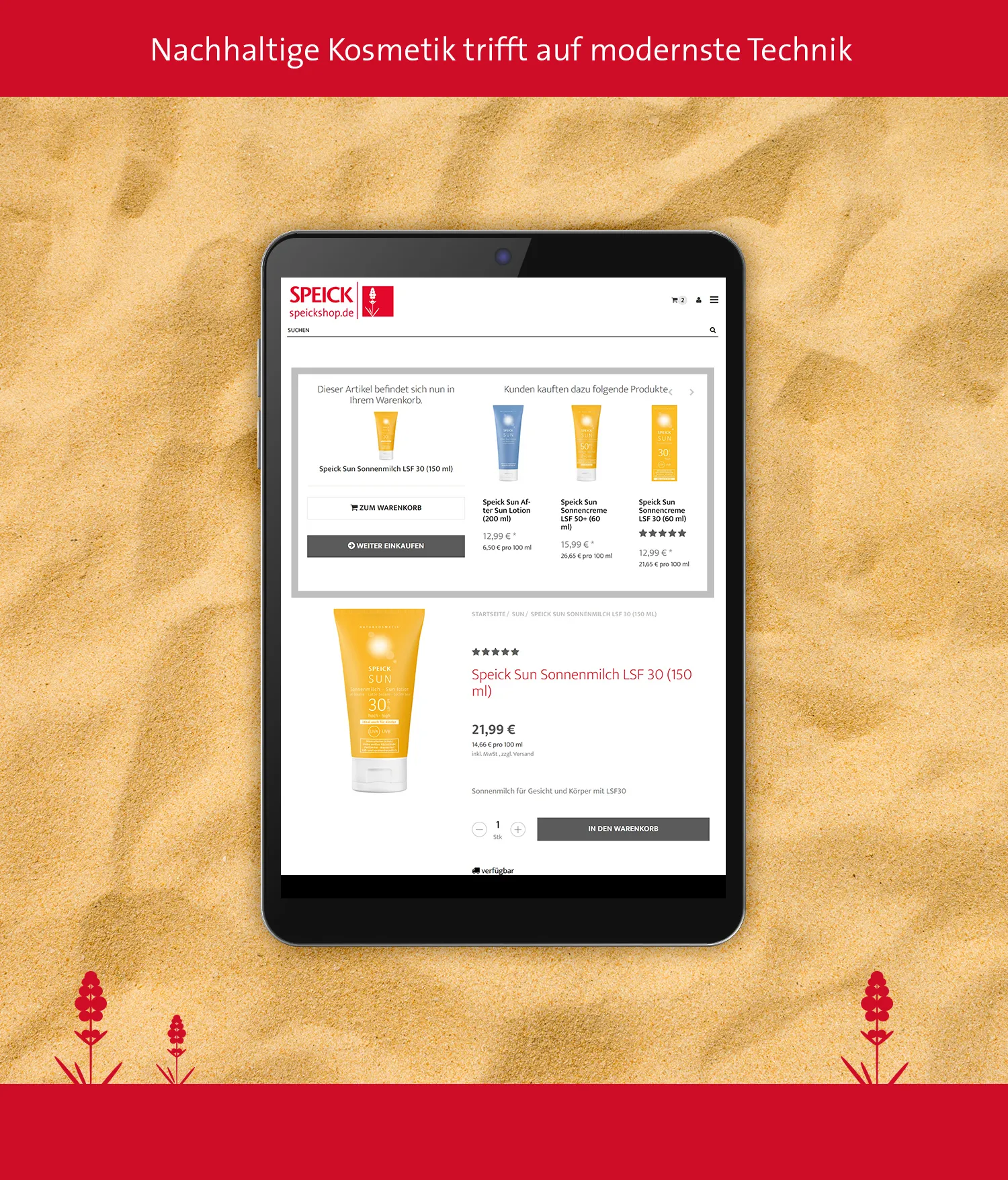 Nachhaltige Kosmetik Onlineshop erstellen lassen - Tablet mit Kosmetik Onlineshop auf einem sandigen Hintergrund