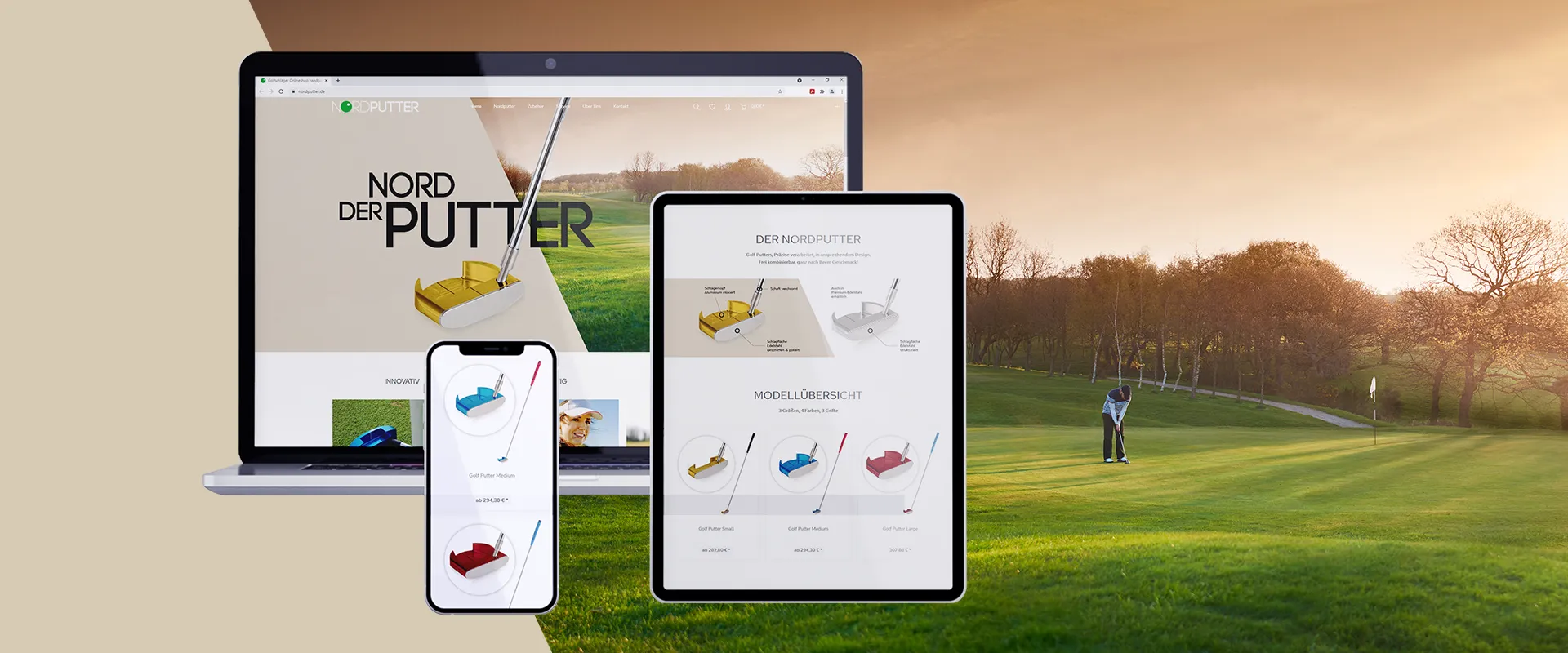 Onlineshop bauen lassen Golfprodukte - Bunte und verschiedene Ansichten der Startseite auf einem Desktop, Tablet und Handy