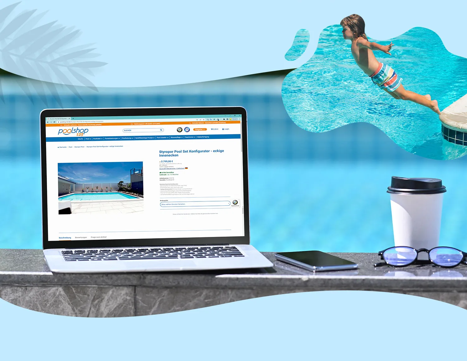 Poolshop123 Detailansicht - Styropor Pool Set Onlineshop auf Laptop neben Poolanlage