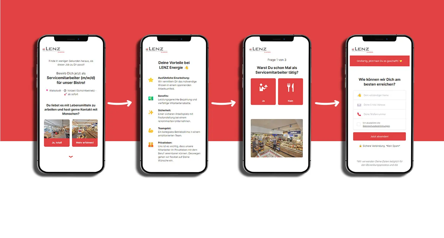 Recruiting Funnel Lenz Stellenanzeigen über Funnel der Lenz Energie - vier Smartphones mit nacheinander folgenden Screens des Social Recruiting-Funnels
