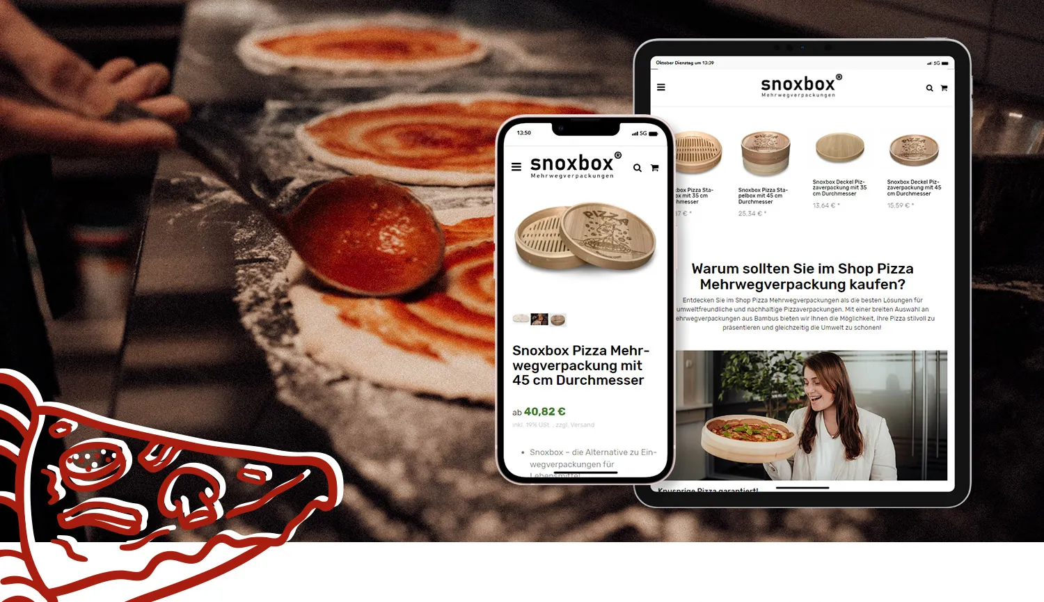 snoxbox Mehrwegverpackung Pizza Onlineshop - Produktdetailseite auf Handy und Tablet, im Hintergrund wird ein Pizzateig mit Tomatensoße bestrichen