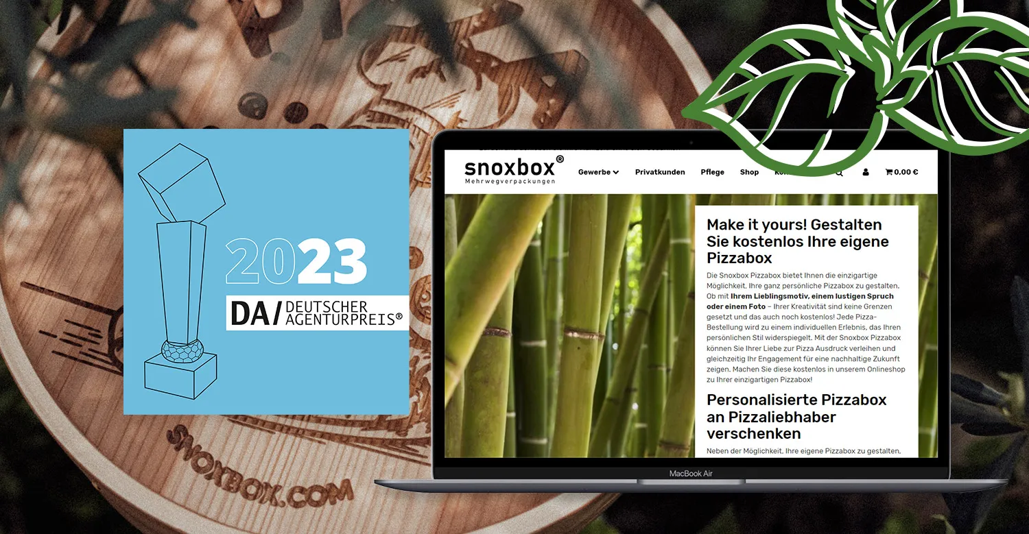 Snoxbox Pizzaverpackung - Webshop-Darstellung auf einem Laptop, daneben Gewinner-Badge 2023 Gewinner B2B Onlineshop