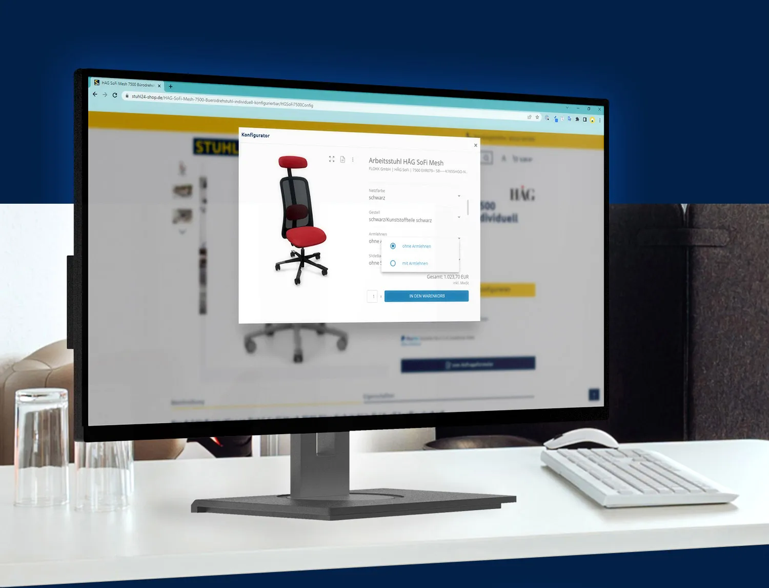Stuhl24 Shop Konfigurator - Bürostuhl auf einem PC-Bildschirm der auf einem Bürotisch steht