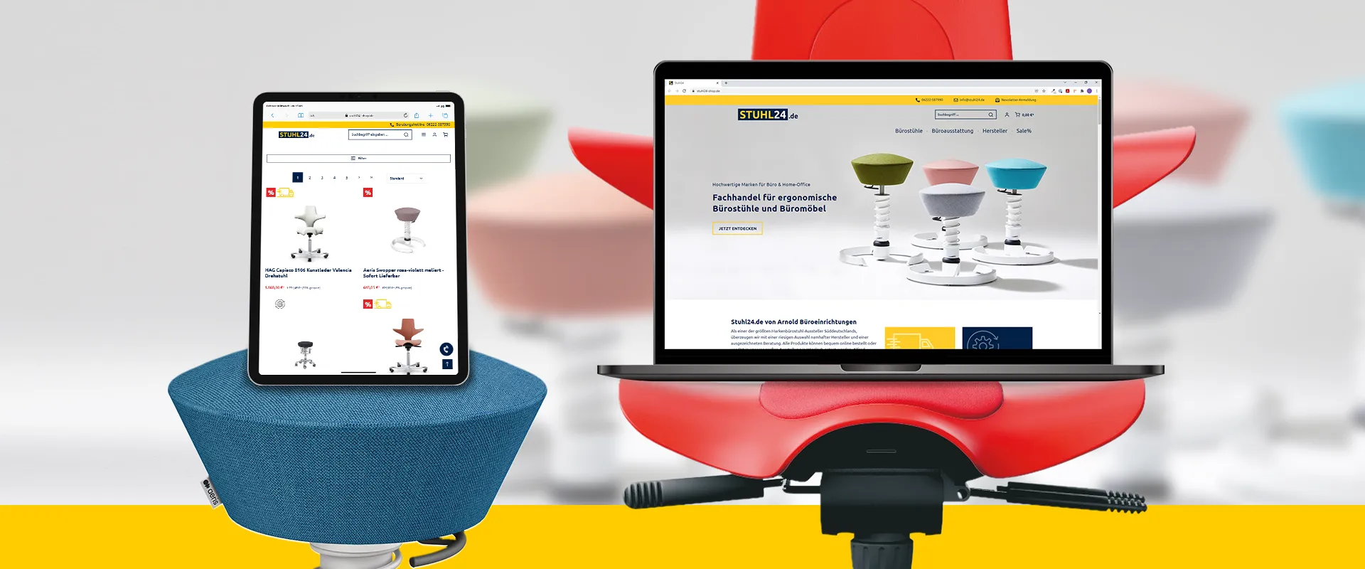 Stuhl24 Onlineshop - Fachhandel für Büromöbel - Abbildungen des Shops auf Tablet und Laptop die jeweils auf Topseller-Stühlen stehen