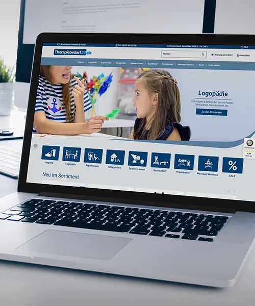 Therapiebedarf24 Onlineshop - Webshop für Logopädie Artikel auf Laptop abgebildet