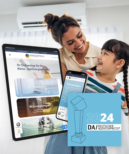 Webshop erstellen lassen Referenz imc – Startseite Onlineshop Prosatech auf einem Smartphone und Tablet mit Auszeichnung Deutscher Agenturpreis 2024