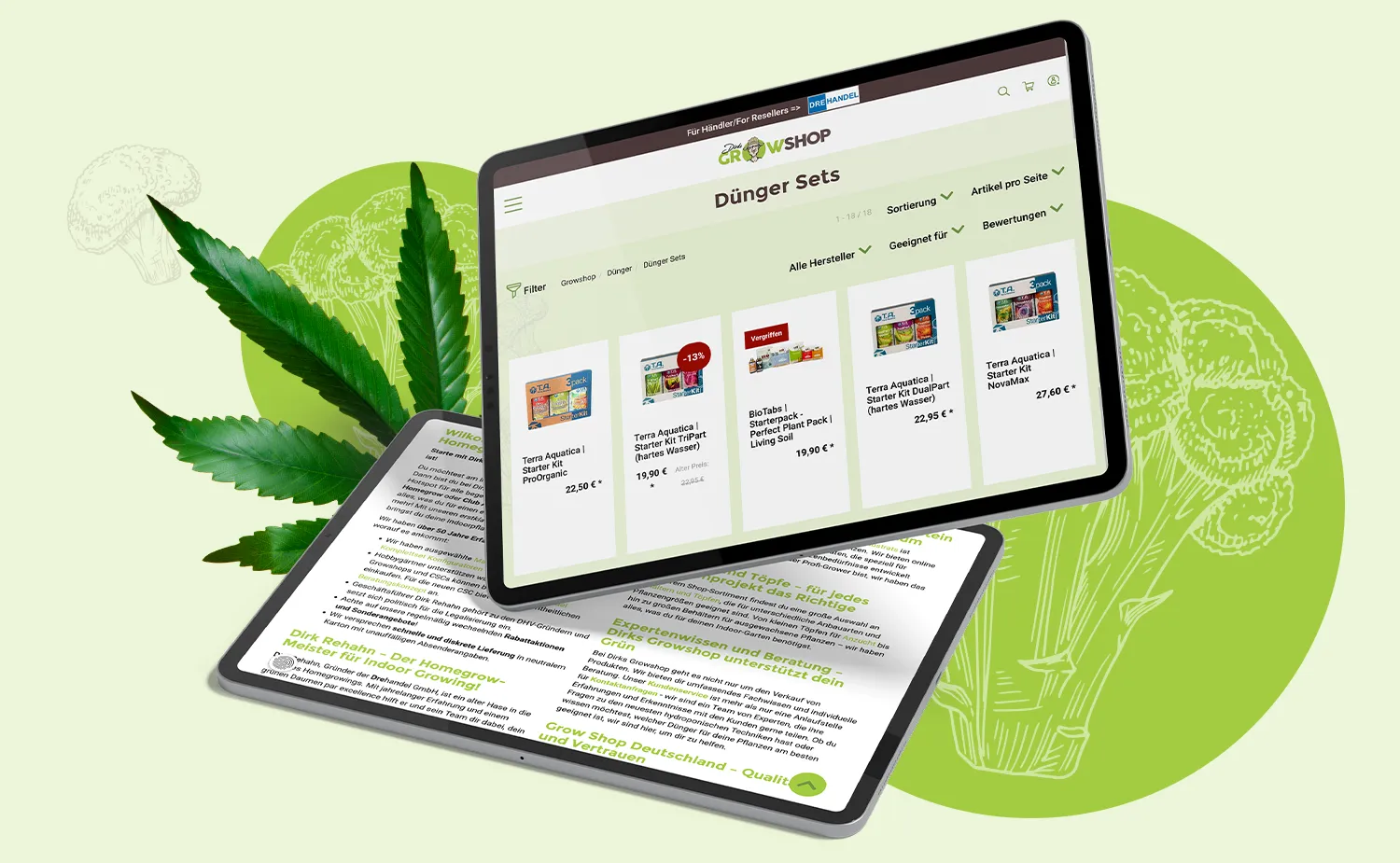 SEO-Strategie Onlineshop – Webaufritt von Dirks Growshop auf zwei Tablet-Bildschirmen und Pflanzen-Illustrationen im Hintergrund