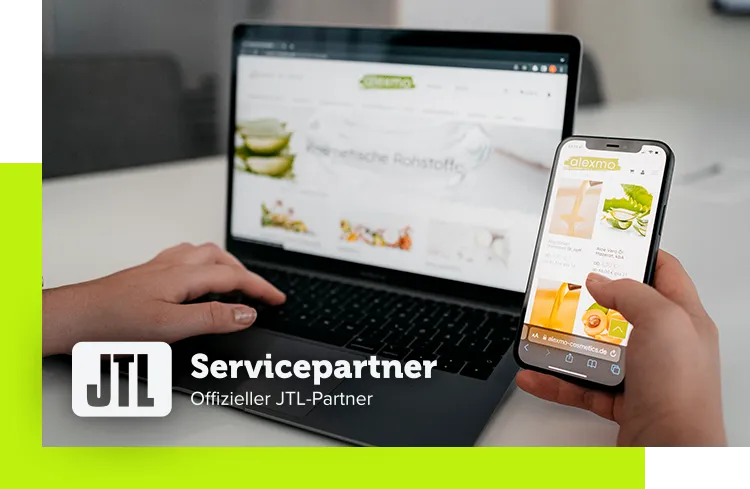 JTL Agentur - Darstellung eines responsiven Onlineshops auf Laptop und Smartphone zur Visualisierung der professionellen JTL-Servicepartner-Unterstützung für JTL-Shop und JTL-Wawi
