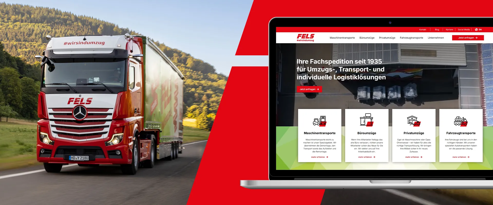 Corporate Website Fels - Corporate-Website-Entwicklung für Fels, modernes Webdesign auf Laptop neben fahrendem Fels-LKW vor landschaftlicher Kulisse