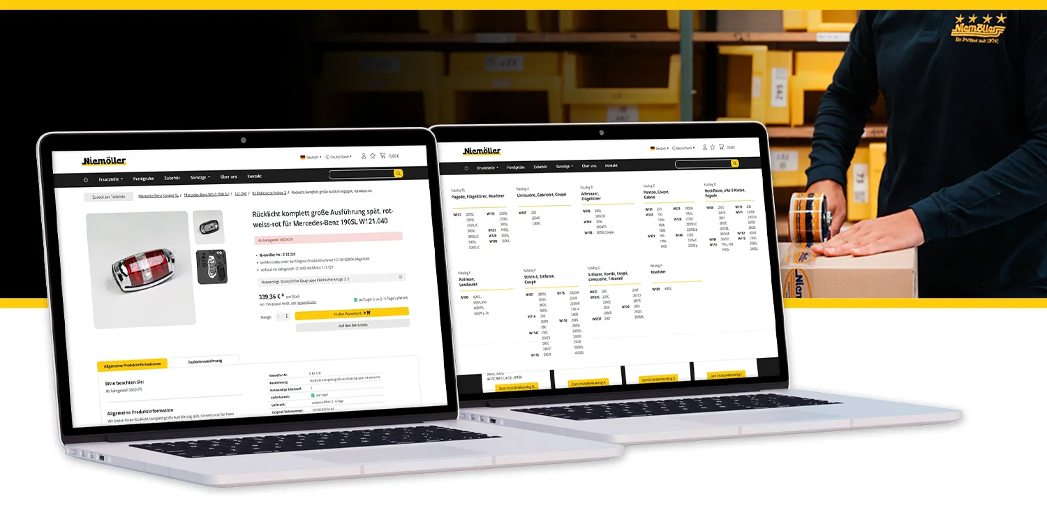 Prozessoptimierung E-Commerce Niemoeller - Onlineshop-Ansichten auf zwei Laptops vor Lager- und Versandmotiv