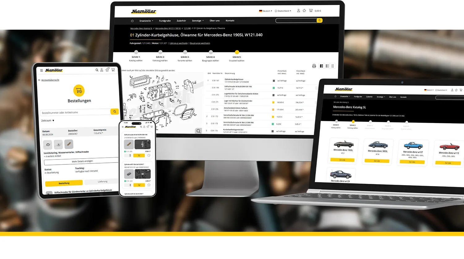 Schnittstellen Programmierung Niemöller - Onlineshop, System- und Teilefinder-Ansicht auf Desktop sowie Bestellübersicht auf Tablet und Smartphone, ergänzt um Katalogansicht auf Laptop