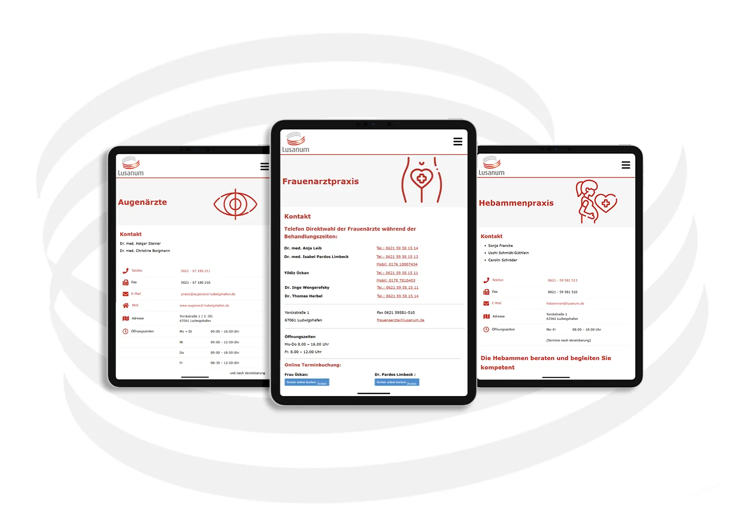 Website Gestaltung Lusanum - Tablet-Ansichten verschiedener Fachbereiche zur Darstellung der neuen digitalen Praxisprofile