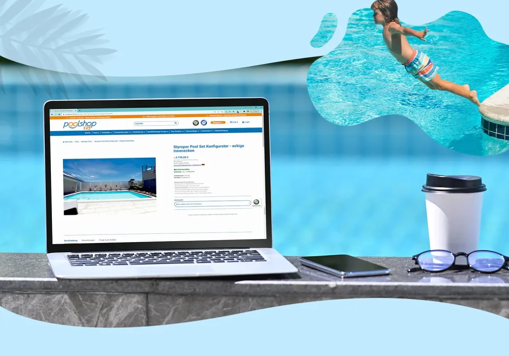 Poolshop123 Detailansicht - Styropor Pool Set Onlineshop auf Laptop neben Poolanlage