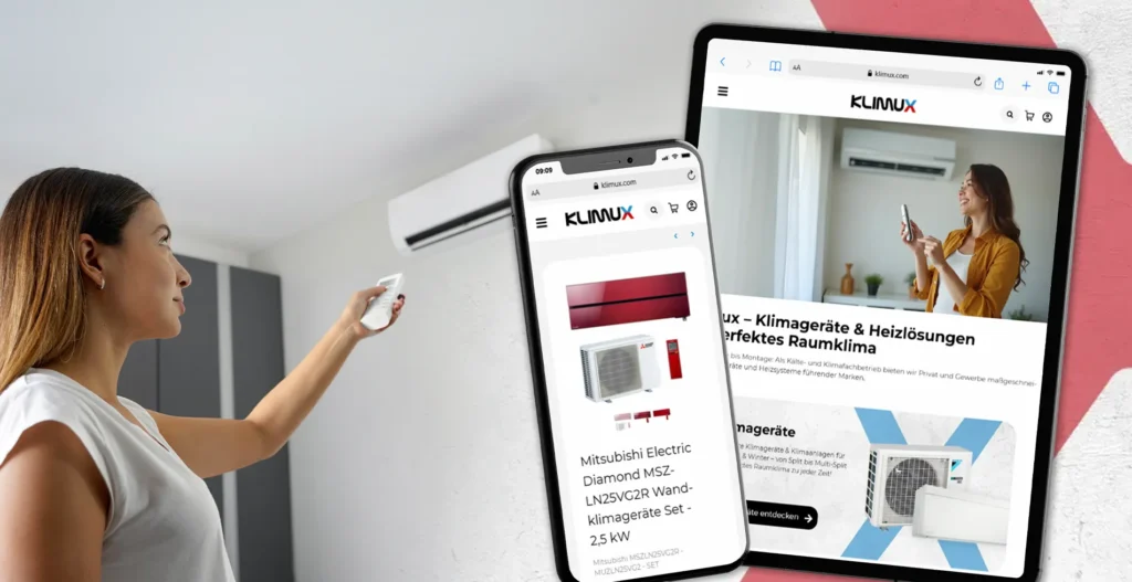 Klimux Deutscher Agenturpreis 2025 - Darstellung des Klimux Online-Shops auf mobilen Endgeräten, im Hintergrund steuert eine Nutzerin eine Klimaanlage per Fernbedienung