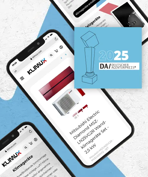 JTL Shop Webseite - Mobile Produktdarstellung des Klimux Online-Shops mit Auszeichnung Deutscher Agenturpreis 2025