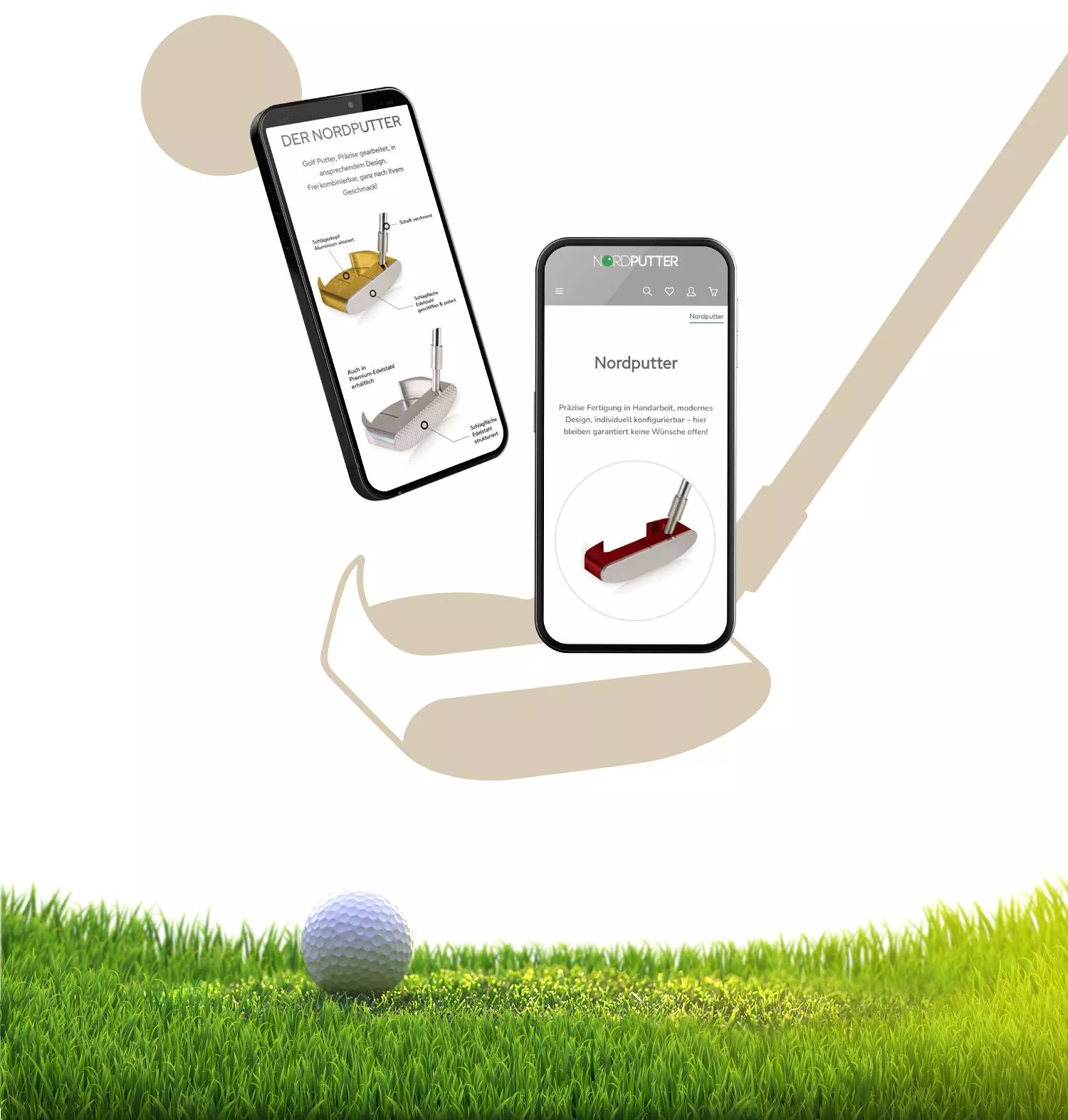 Golfprodukte Onlineshop bauen lassen - Mobile Ansicht des Onlineshops für Golfprodukte und ein Golfball im Hintergrund
