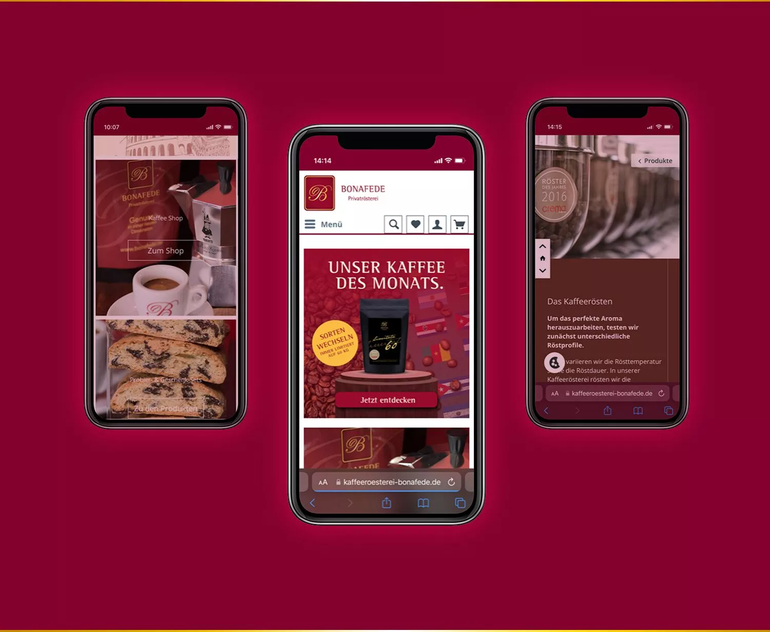 Kaffeerösterei Onlineshop erstellen lassen - Verschiedene Mobilansichten von Verkaufswelten des Onlineshops