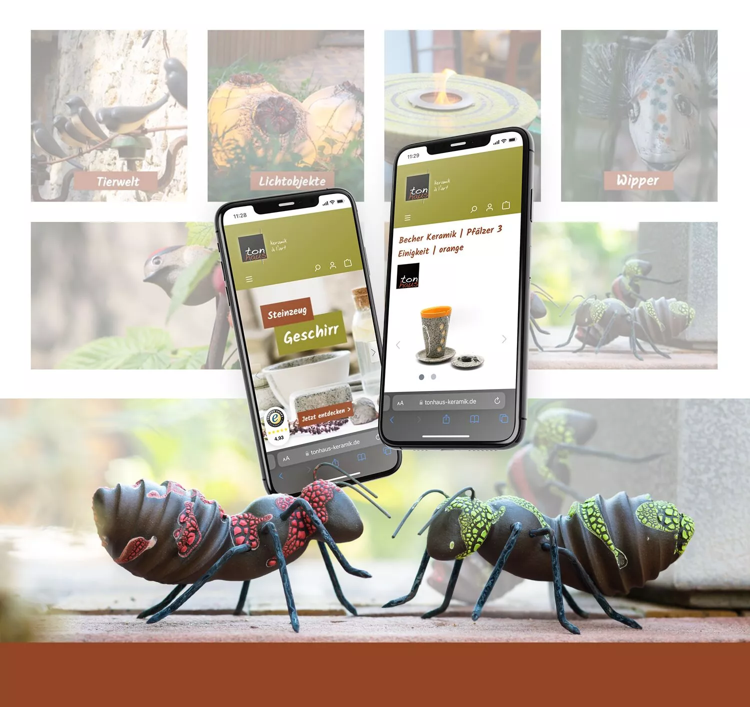Kunsthandwerk neuer Onlineshop - Mobile Ansichten vom Shopware 6 Relaunch, im Vordergrund getöpferte Ameisen