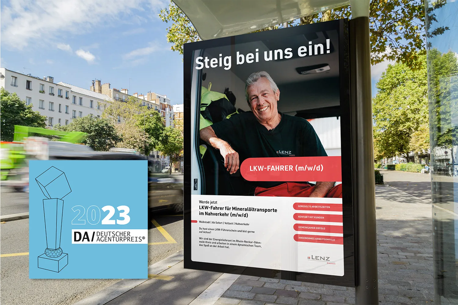 Außenwerbung Stellenanzeige Recruiting Lenz Energie - Citylight-Plakat mit dem Motiv einer Stellenausschreibung, daneben den Deutschen Agenturpreis 2023