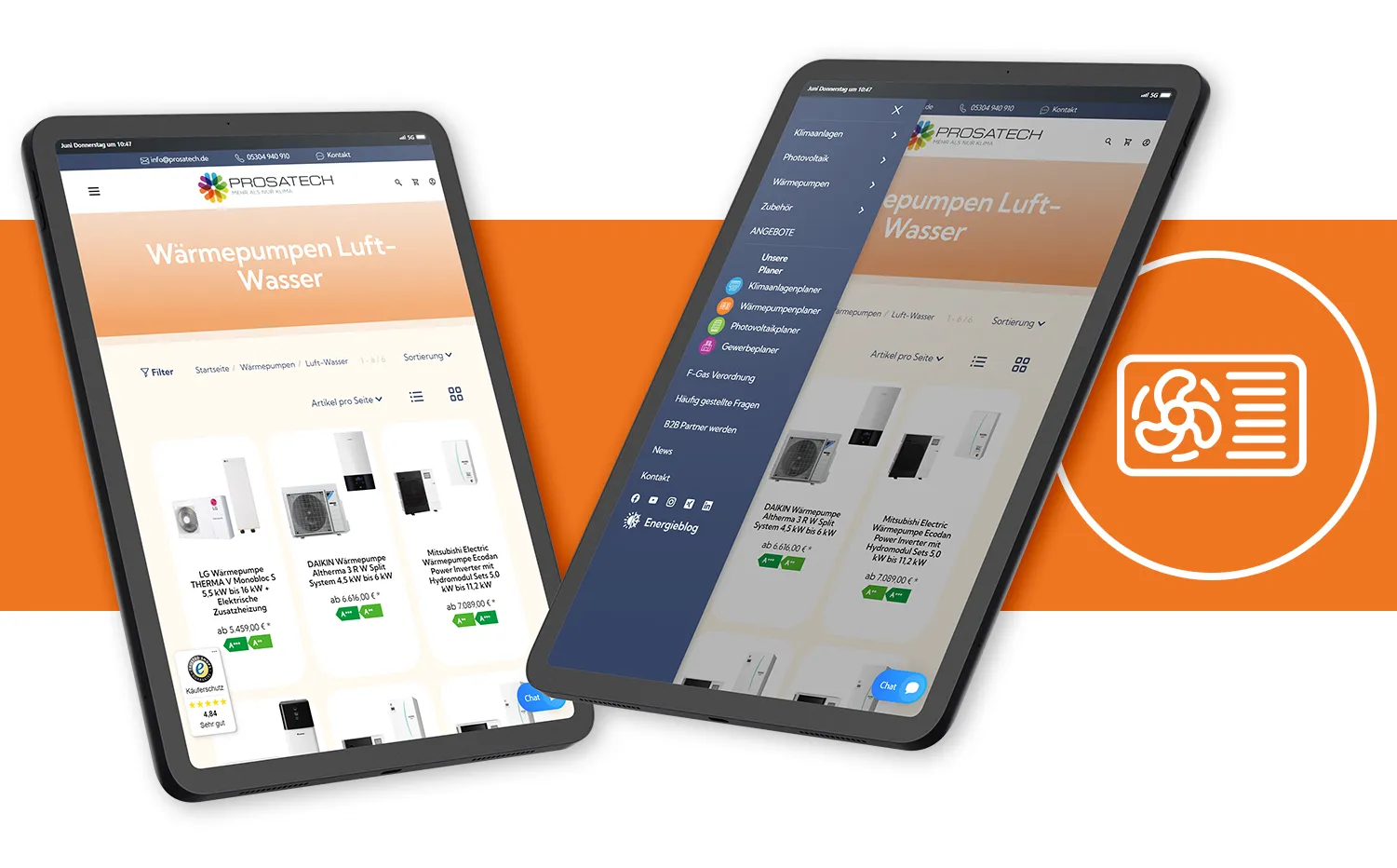 B2B Webshop Prosatech - zwei Tablet-Bildschirme mit der Shopdetailseite und der Navigation