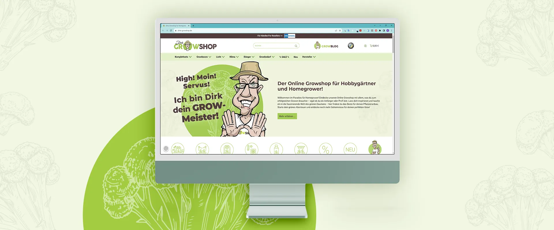 Dirks Growshop Onlineshop - Desktop mit der Startseite des Onlineshops