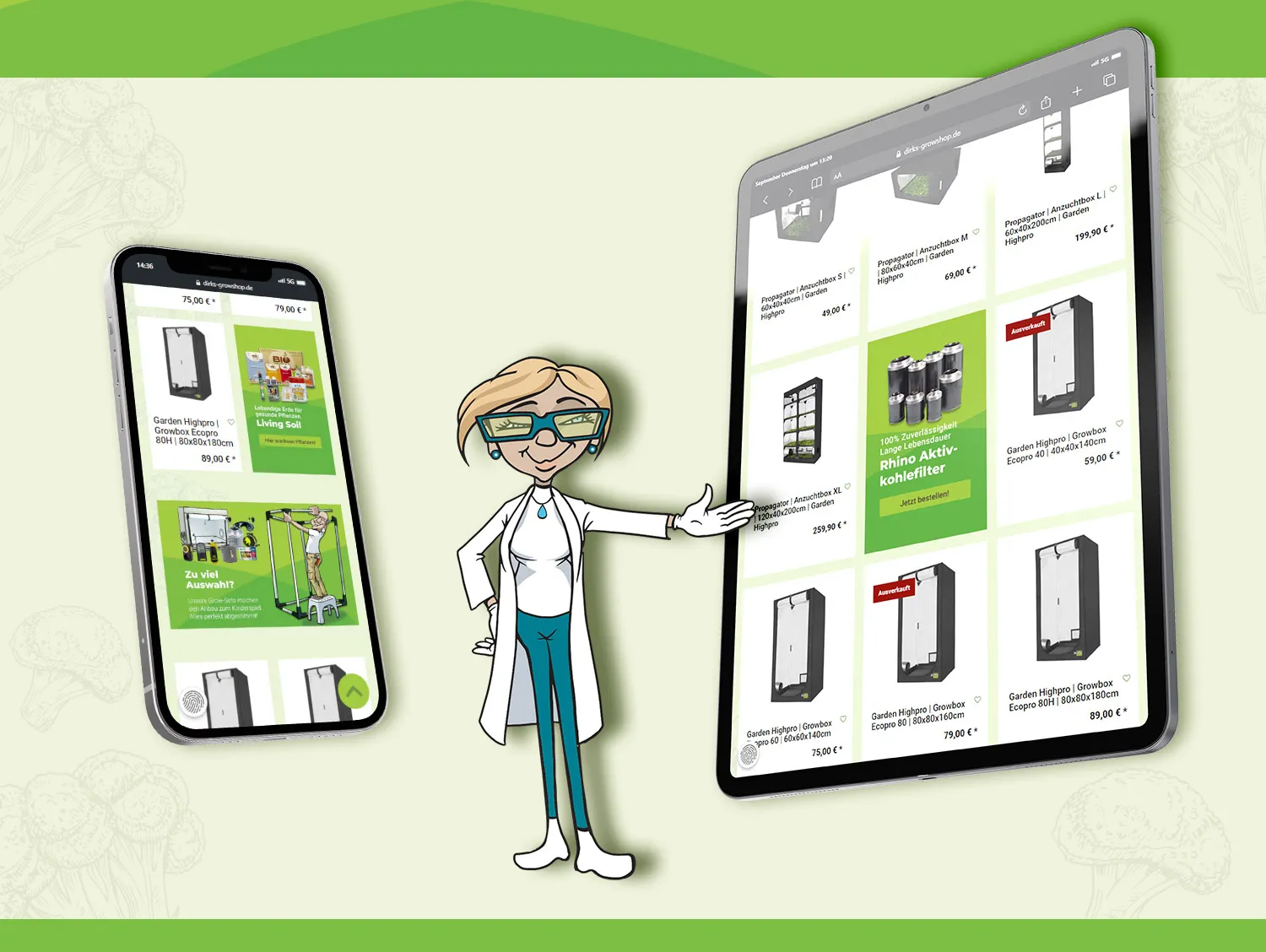 DIY Pflanzsets Dirks Growshop - Tablet und Handy mit Produktliste des Shops