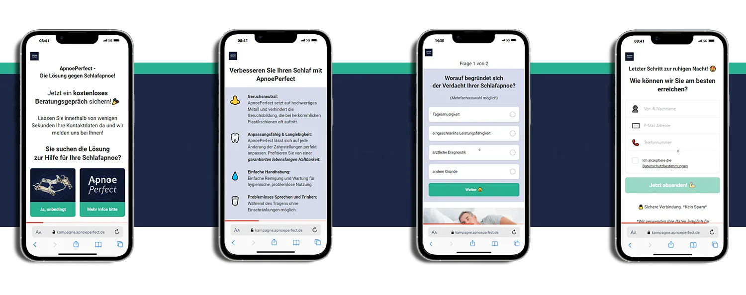 Leadgenerierung Perspective Funnel Referenz imc – Verschiedene Smartphones mit unterschiedlichen Schritten
