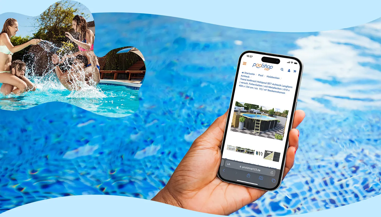 Poolshop123 Detailansicht - Holzpool Set Achteck Swimmingpool auf Handy mit Pool im Hintergrund