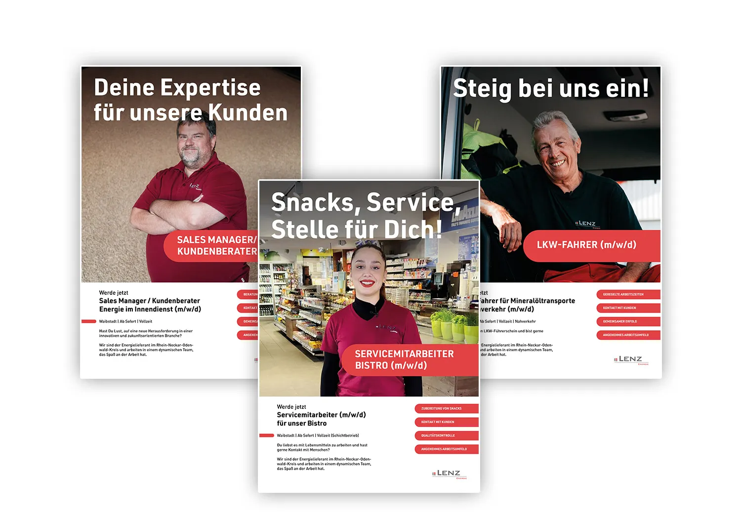 Printanzeigen Recruiting Lenz Energie - Drei Stellenanzeigen für unterschiedliche Jobs bei Lenz Energie