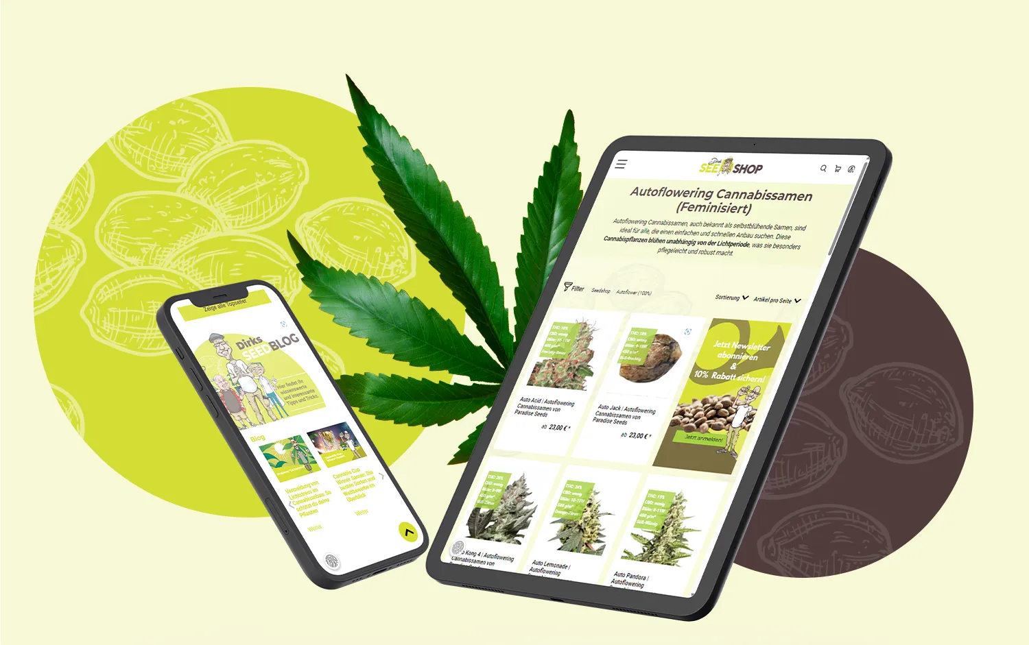 Referenz imc Dirks Seedshop – Onlineshop auf Handy und Tablet im Hintergrund Illustration mit Samen und einem Blatt – Onlineshop-Referenz von imc Digitalagentur