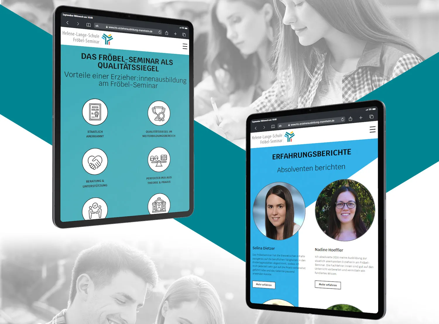 Staatlich anerkannte Weiterbildung Fröbel-Seminar - Tablets mit Screenshots der Webseite