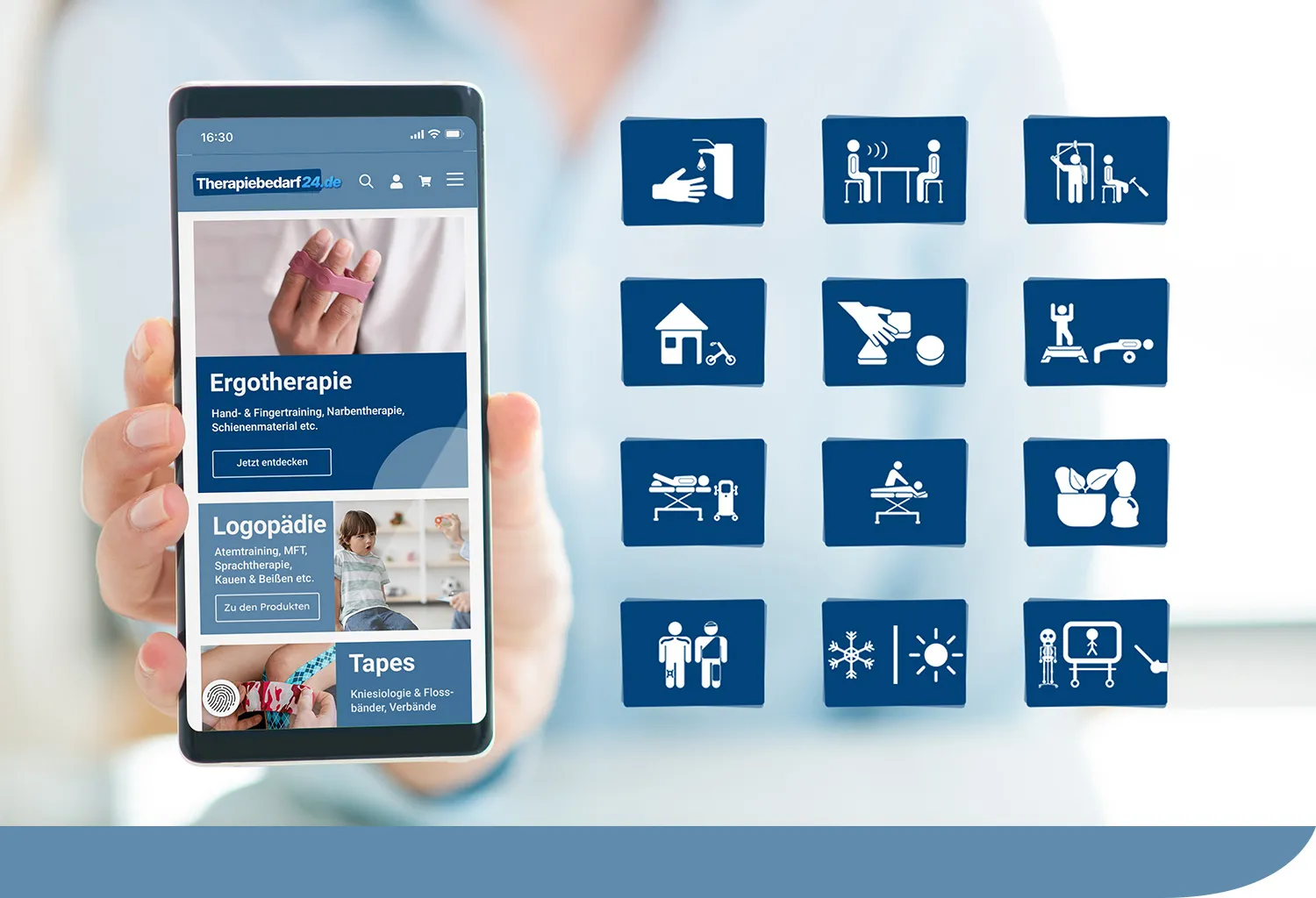 Therapiebedarf24 Icon Konzept - Die vielseitigen Angebote von Therapiebedarf24 auf einem Smartphone und das einzigartige Icon-Konzept daneben abgebildet